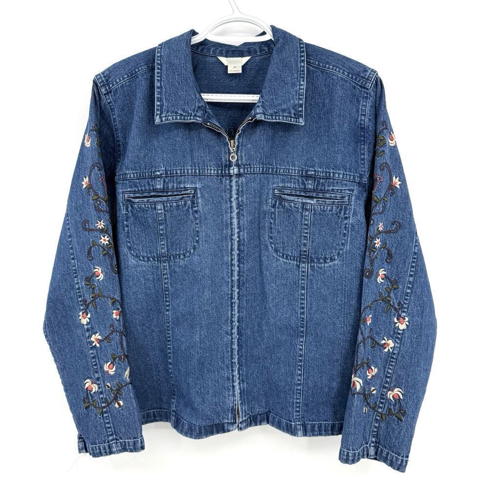 Christopher Banks Vintage 2003 Denim Floral Embroidered Jacket Y2K Size Medium